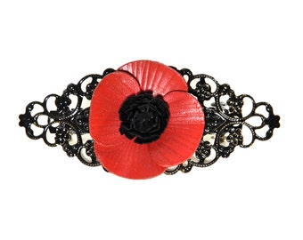 Poppy flower filigree hair clip in cowhide leather