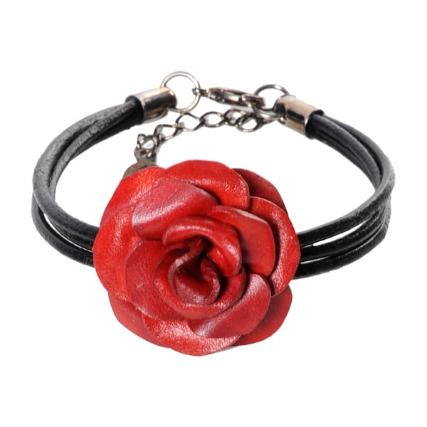 Bracelet fleur rose en cuir véritable