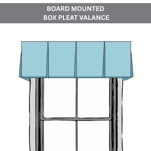 May include: A light blue board mounted box pleat valance positioned above a window with a gray frame. The text BOARD MOUNTED BOX PLEAT VALANCE is displayed in white letters on a dark gray rectangular background at the top of the illustration.
