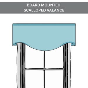 May include: A light blue board mounted scalloped valance positioned over a window with a dark frame. The text BOARD MOUNTED SCALLOPED VALANCE is displayed in white letters on a dark gray rectangular background at the top of the illustration.