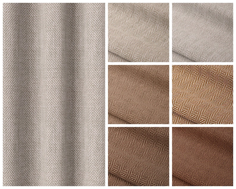 May include: A close-up of a fabric swatch in a herringbone pattern. The swatch is shown in six different color variations, ranging from light beige to brown.