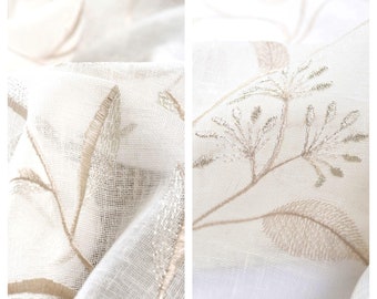 White Sheer Fabric by the Yard. Floral Embroidered Linen Texture Material for Home Decor & Window Treatments. Linen Texture Home Textiles.