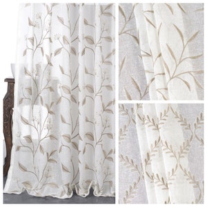 White Sheer Curtains. Linen Texture. Floral Embroidery Light-Filtering Custom Window Drapes for Living, Kitchen, Bedroom, Bathroom, Nursery