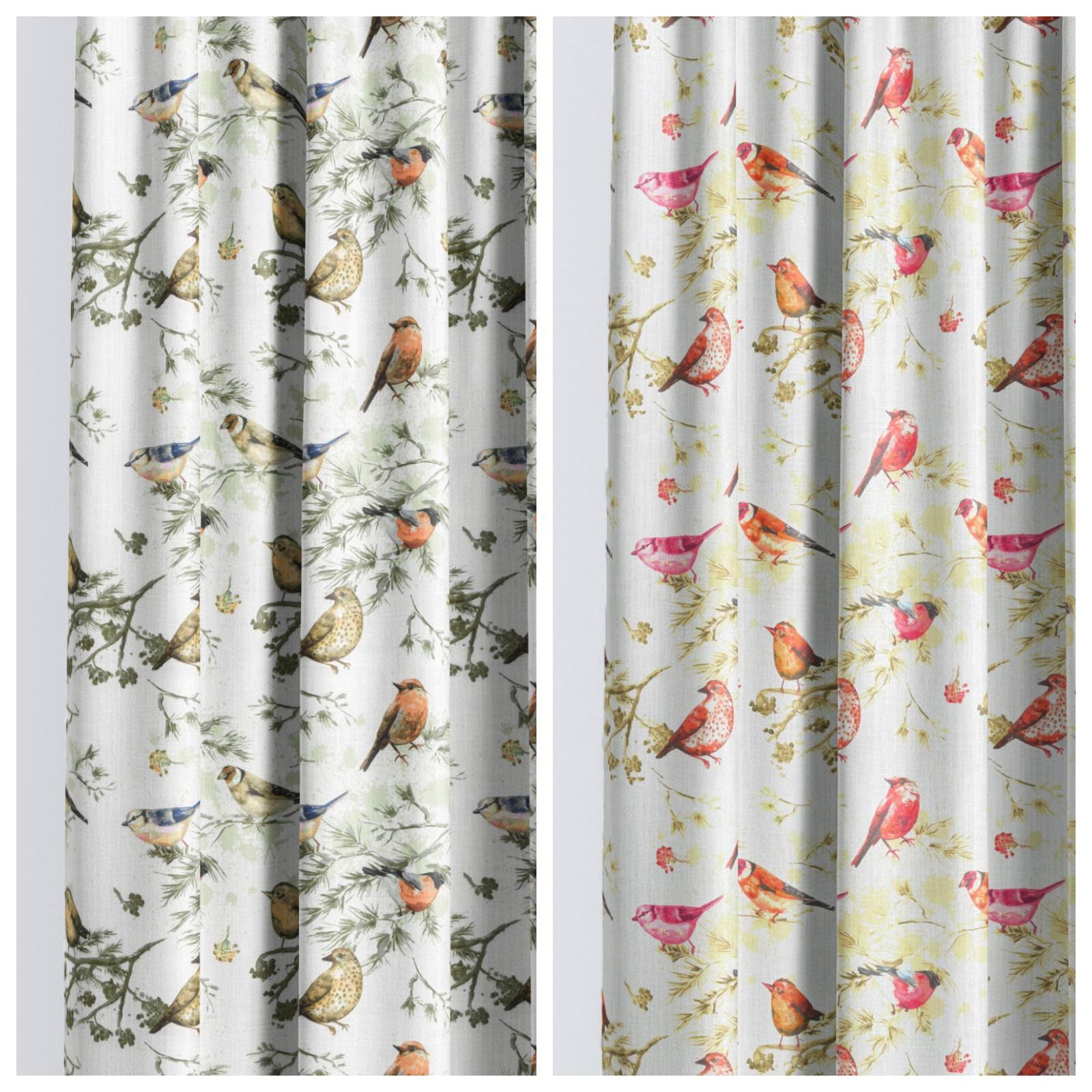 Bird Print/ Nature Floral Curtains. Custom Size Lined Window Drapes. Any Length/ Width. Pinch Pleat or Casual (White/ Yellow/ Orange/ Pink)