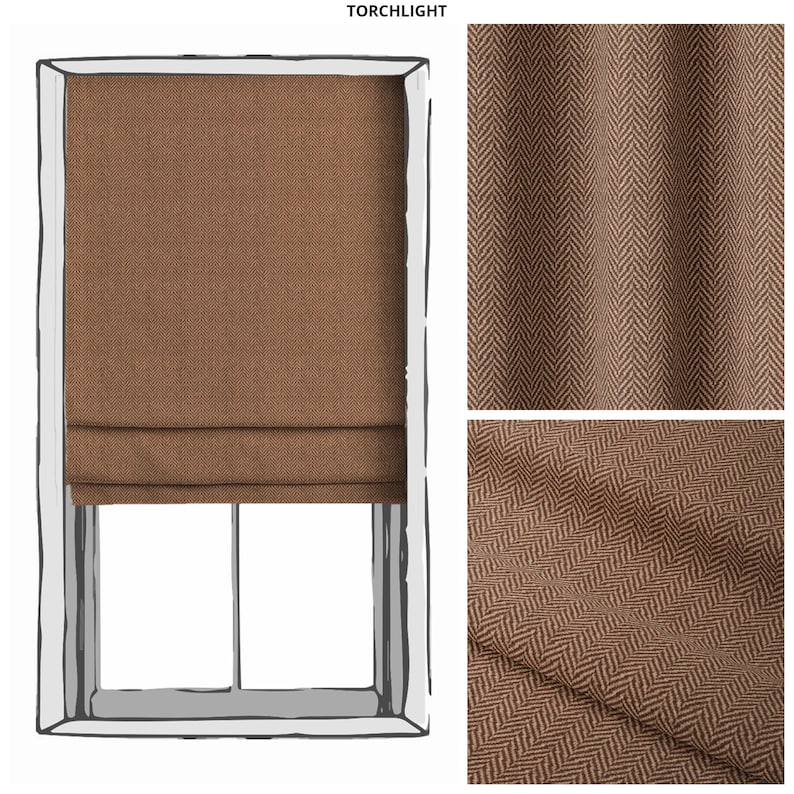 May include: A brown roman shade with a herringbone pattern. The shade is shown in a window with a white frame. The fabric is shown in a close-up view.
