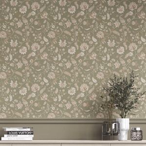 Floral Wallpaper by Meter. Extra Wide. Botanical Patterned, Non-Woven, Unpasted, Traditional Wallpaper. Olive Green/ Beige (Angelica)