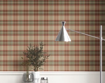 Checkered Plaid Wallpaper. Extra Wide. Removable Peel 'n Stick & Unpasted Options. Geometric Patterned. Red/ Brown/ Green (Alain)