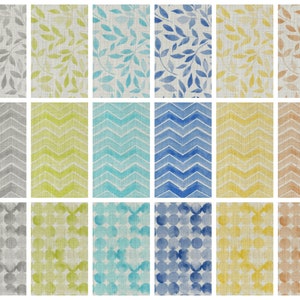May include: A set of 18 digital paper patterns featuring watercolor designs in shades of gray, green, blue, and yellow. The patterns include leaves, chevron stripes, and polka dots.