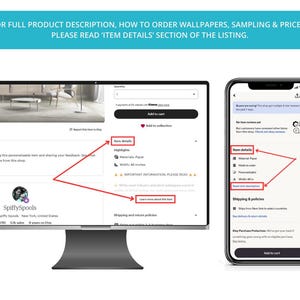 May include: A computer monitor and smartphone displaying an Etsy listing. The monitor shows product details, including material and dimensions of 40 inches. The smartphone shows item details and a read description button.