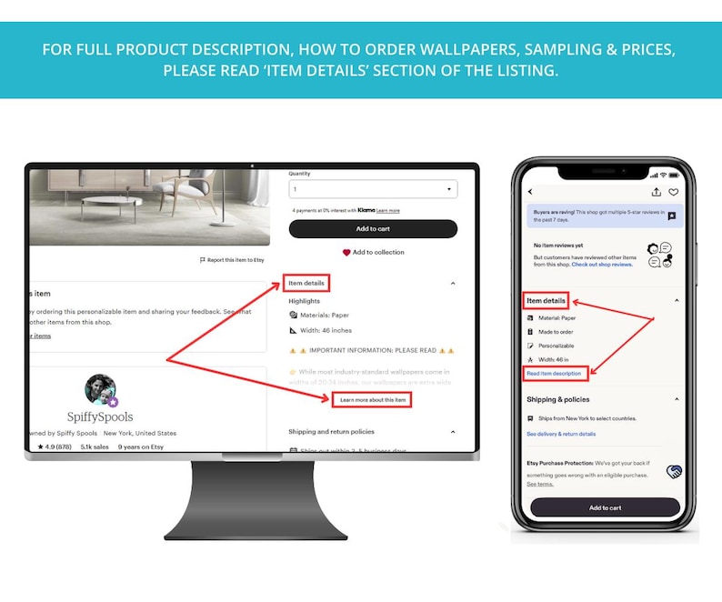 May include: A computer monitor and smartphone displaying an Etsy listing. The monitor shows product details, including material and dimensions of 40 inches. The smartphone shows item details and a read description button.