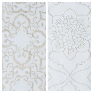 White Linen Semi-Sheer Window Drapery Panels for Living, Kitchen, Bedroom, Nursery, Bath. Floral Embroidery Curtains. Blackout Lining.