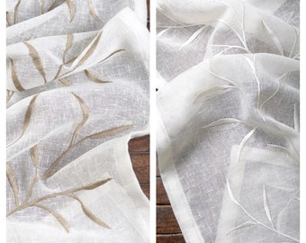 White Sheer Floral Embroidery Curtains. Linen Texture. 5 Options. Custom Window Drapes for Living, Bedroom, Dining, Kitchen, Study, Nursery.