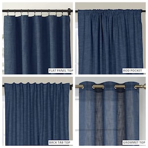 May include: Four different curtain header styles: flat panel top, rod pocket, back tab top, and grommet top. All curtains are a dark blue color.