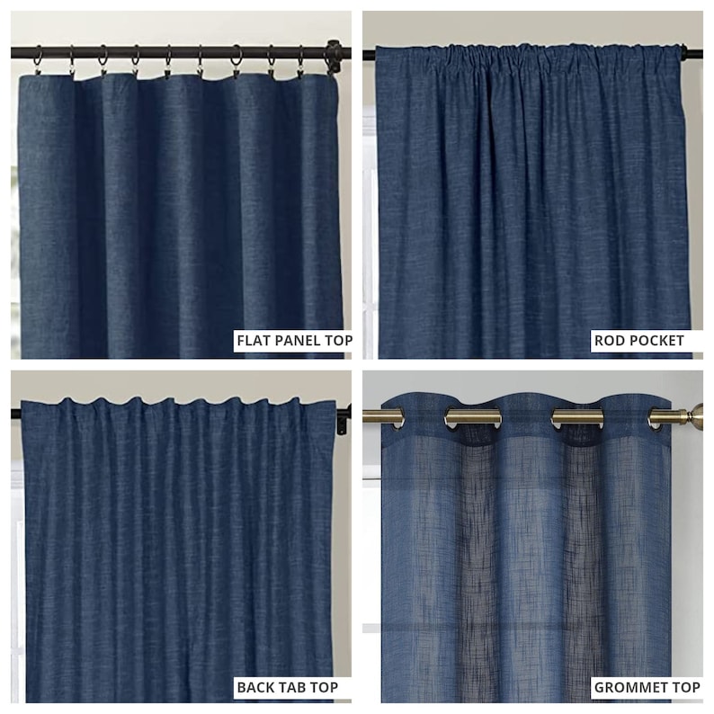 May include: Four different curtain header styles: flat panel top, rod pocket, back tab top, and grommet top. All curtains are a dark blue color.