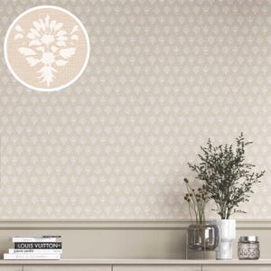 Floral Block Print Wallpaper. Extra Wide Roll. Neutral High Grade/ Unpasted for Bedroom, Kitchen, Bath, Living. Beige/ Taupe/ White (Paramo)