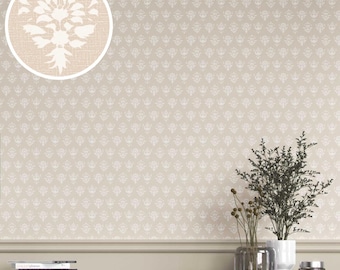 Floral Block Print Wallpaper. Extra Wide Roll. Neutral High Grade/ Unpasted for Bedroom, Kitchen, Bath, Living. Beige/ Taupe/ White (Paramo)