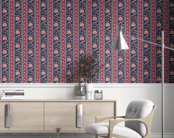 Floral Striped Wallpaper. Extra Wide. Removable Peel 'n Stick & Unpasted Options. Botanical Patterned, Non-Woven. Navy Blue/ Red (Wangen)