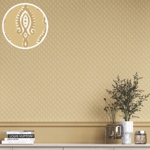 May include: A close-up of a section of wallpaper with a repeating pattern of small white dots on a yellow background. A circular inset shows a detailed design in white and tan. The wallpaper is part of a home decor theme.