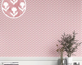 Small Floral Blockprint Wallpaper by Meter. Extra Wide. Removable Peel 'n Stick & Unpasted Options. Floral Patterned. Pink/ White (Hara)