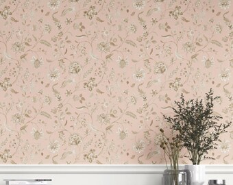Floral Wallpaper by Meter. Extra Wide. Removable Peel 'n Stick & Unpasted Options. Botanical Patterned, Non-Woven. Pink/ Beige (Avarakta)