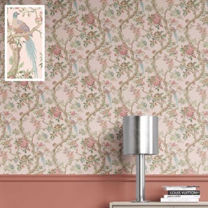Chinoiserie Bird Print Wallpaper by Meter. Extra Wide. Floral Patterned, Non-Woven, Unpasted Wallpaper. Soft Pink/ Green/ Blue (Shahgul) image 1