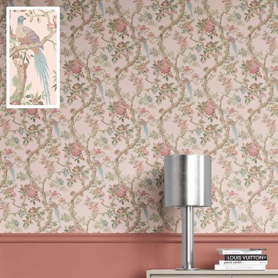 Chinoiserie Bird Print Wallpaper by Meter. Extra Wide. Floral Patterned, Non-Woven, Unpasted Wallpaper. Soft Pink/ Green/ Blue (Shahgul)