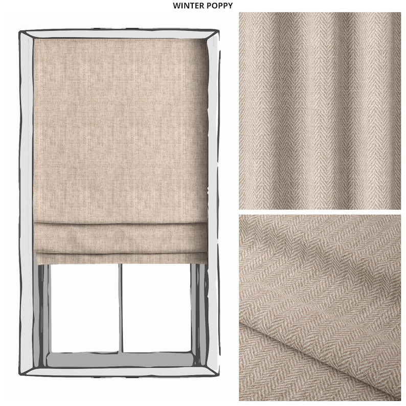 May include: A beige roman shade with a subtle herringbone pattern. The shade is shown in a window with a white frame.