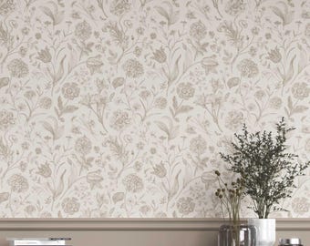 Floral Botanical Wallpaper. Extra Wide Roll. Patterned, Neutral, Non-Woven, Unpasted, Traditional Wallpaper. Beige/ Soft Taupe (Chill Buff)