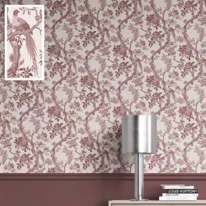 Chinoiserie Bird Print Wallpaper by Meter. Extra Wide. Floral Patterned, Non-Woven, Unpasted Wallpaper. Brick Red/ Burgundy (Blooms Berry)