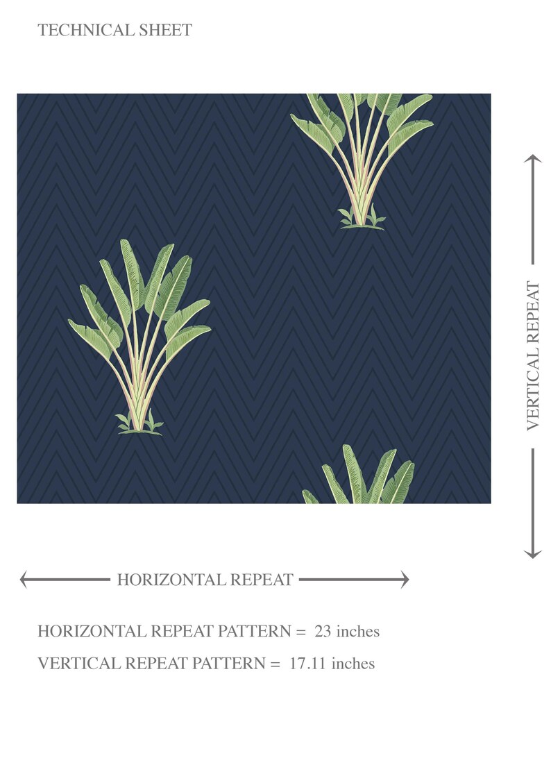 May include: Navy blue wallpaper with a repeating pattern of green banana leaves and a dark blue chevron background. The horizontal repeat pattern is 23 inches, and the vertical repeat pattern is 17.11 inches.