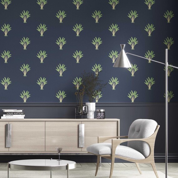 Floral Blockprint Wallpaper. Extra Wide Roll. Modern Botanical Patterned, Non-Pasted, Traditional Wallpaper. Midnight Blue/ Green (Sea Akba)