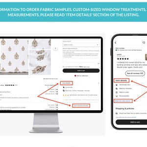 May include: A white roman shade with a gold floral pattern. The shade is handmade and made to order. The product description includes details about the material, shipping, and policies.
