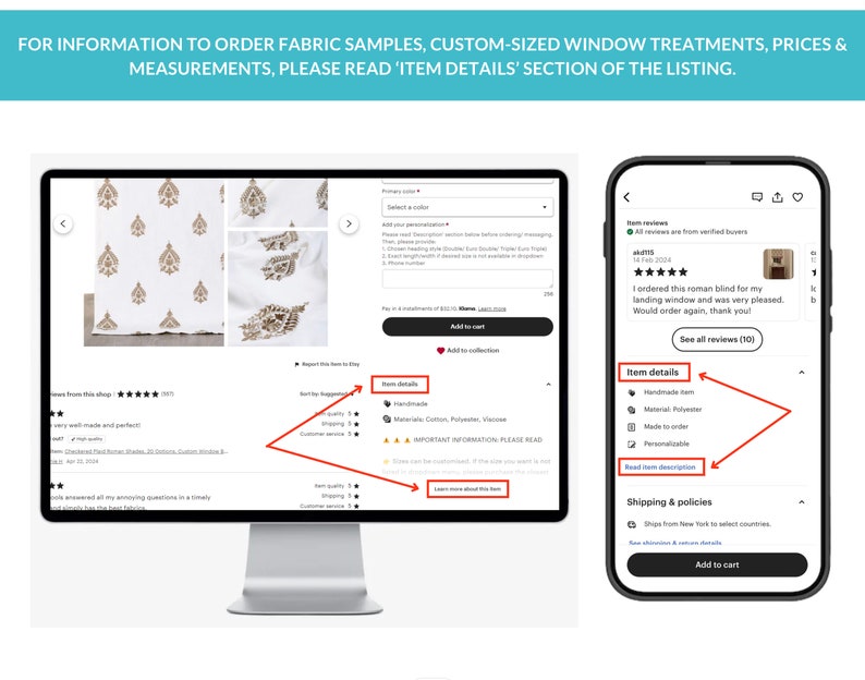May include: A white roman shade with a gold floral pattern. The shade is handmade and made to order. The product description includes details about the material, shipping, and policies.