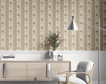 Floral Striped Wallpaper. Extra Wide. Removable Peel 'n Stick & Unpasted Options. Botanical Patterned. Neutral Beige/ Brown (Crotone)