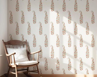 Paisley Floral Wallpaper. Extra Wide. Removable Peel 'n Stick & Unpasted Options. Floral Patterned, Non-Woven. Red/ Green/ White (Ramsen)