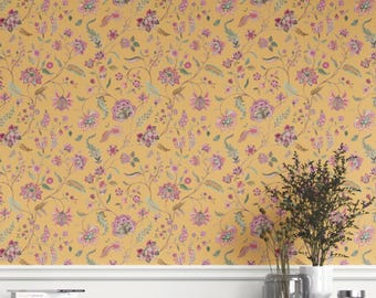 Floral Wallpaper by Meter. Extra Wide. Removable Peel 'n Stick & Unpasted Options. Botanical Patterned, Non-Woven. Yellow/ Pink (Topiary)