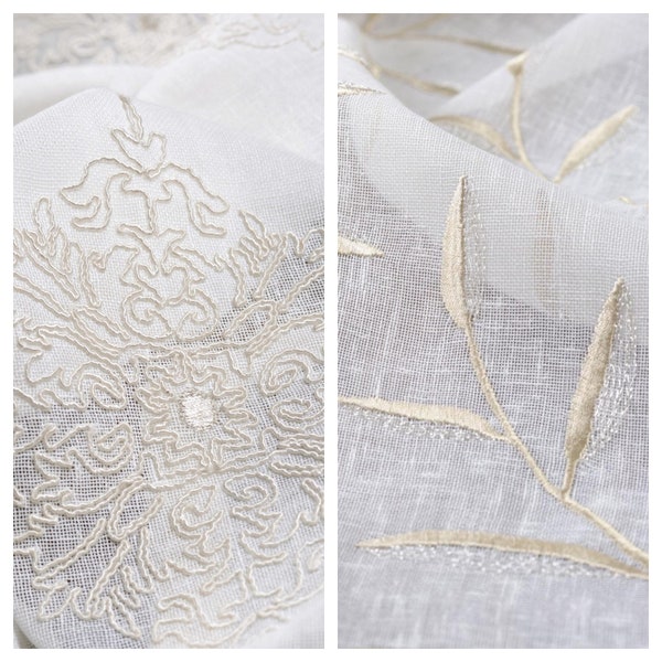 Sheer Fabric by the Yard. Linen Texture Home Textiles. White Floral Embroidered Multipurpose Material for Home Decor & Window Treatments.