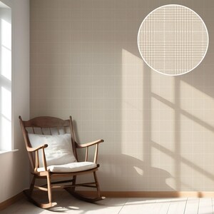 May include: A wooden rocking chair with a white cushion and pillow sits in a room with beige plaid wallpaper. A circular inset shows a close-up of the wallpaper pattern. Sunlight streams through a window.
