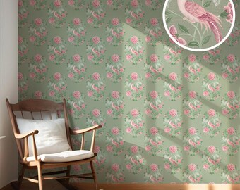 Birds/ Floral Wallpaper by Meter. Removable Peel 'n Stick & Unpasted Options. Extra Wide. Blockprint, Non-Woven. Sage Green/ Pink (Ballens)