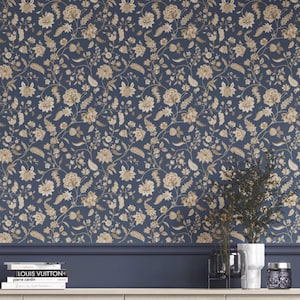 Floral Wallpaper by Meter. Extra Wide. Botanical Patterned, Non-Woven, Unpasted, Traditional Wallpaper. Navy Blue/ Beige (Bear River)