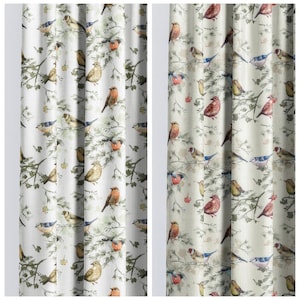 Bird Print/ Nature Floral Curtains. Custom Size Lined Window Drapes. Any Length/ Width. Pinch Pleat or Casual (White/ Yellow/ Orange/ Red)