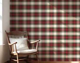Checkered Plaid Wallpaper. Extra Wide Roll. Removable Peel 'n Stick & Unpasted Options. Geometric Patterned. Red/ Cream/ Green (Peregrine)