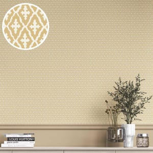 May include: A beige wallpaper with a repeating diamond pattern and a circular inset showcasing a stylized floral design. The room is decorated with a neutral color palette, featuring decorative plants and books.