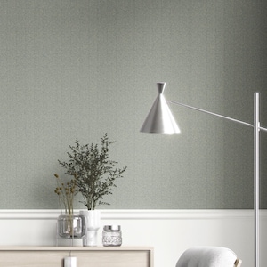 Può includere: Una scena d'interni moderna con una parete strutturata verde chiaro, una modanatura bianca e un mobile in legno. Una lampada argentata con un paralume conico si estende da destra. Vasi decorativi e un piccolo barattolo con coperchio sono sul mobile, con una pianta al centro.