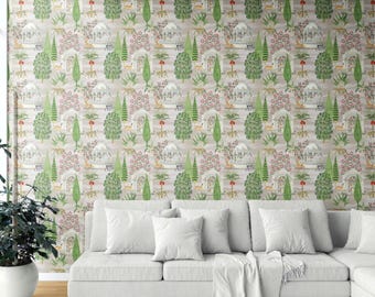 Nature/ Heritage Wallpaper. Removable Peel 'n Stick & Unpasted Options. Extra Wide Roll. Patterned, Non-Woven. White/ Green/ Pink (Vitanic)
