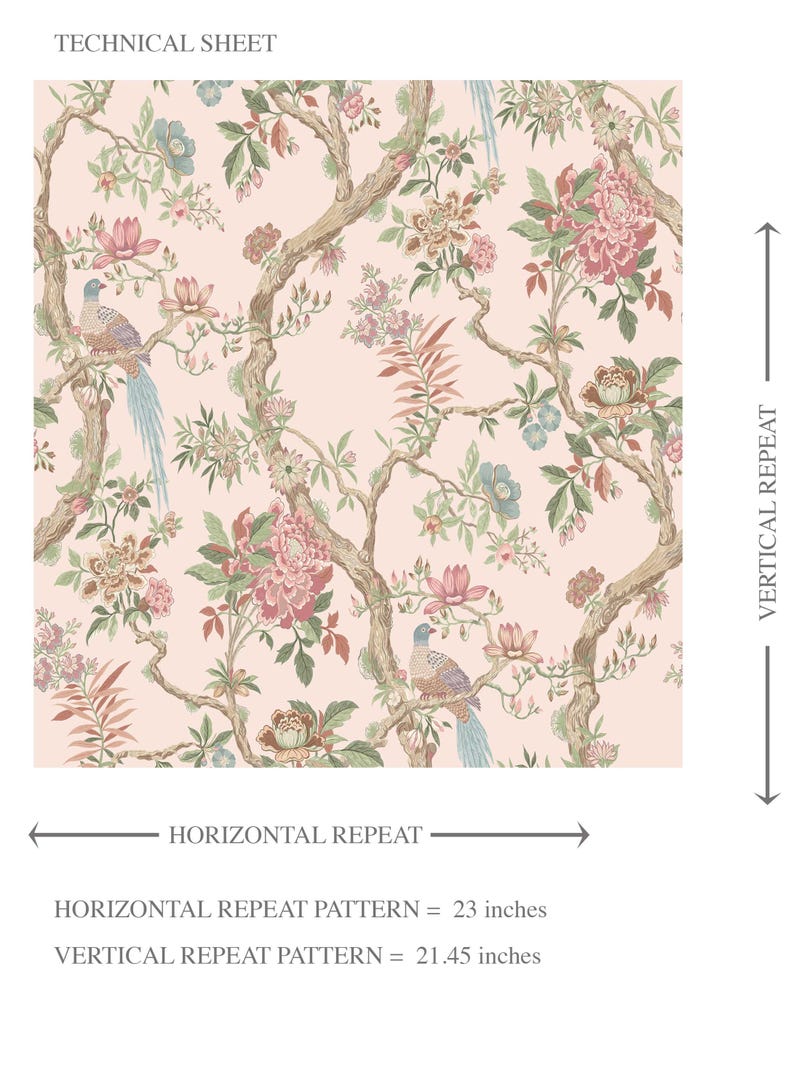 May include: Wallpaper sample with a repeating floral and bird pattern. The design features pink, green, and blue flowers, birds, and branches on a light pink background. Horizontal repeat pattern is 23 inches, vertical repeat pattern is 21.45 inches.