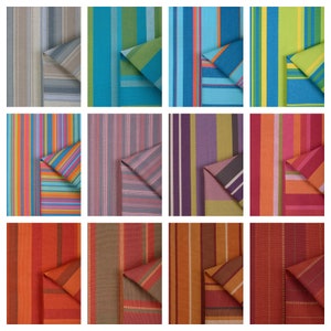 May include: Twelve fabric swatches featuring a variety of striped patterns in colours such as blue, green, red, orange, brown, and purple. The swatches are displayed in a grid format with four rows and three columns.