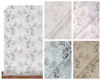 Könnte beinhalten: Vier verschiedene Stoffmuster mit einem Blattmotiv. Die Muster sind in den Farben Beige, Braun, Grau und Blau.