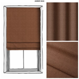 May include: A brown roman shade with a herringbone pattern. The shade is shown in a window with a white frame. The fabric is shown in two close-up images, one with the shade pulled up and one with the fabric folded.