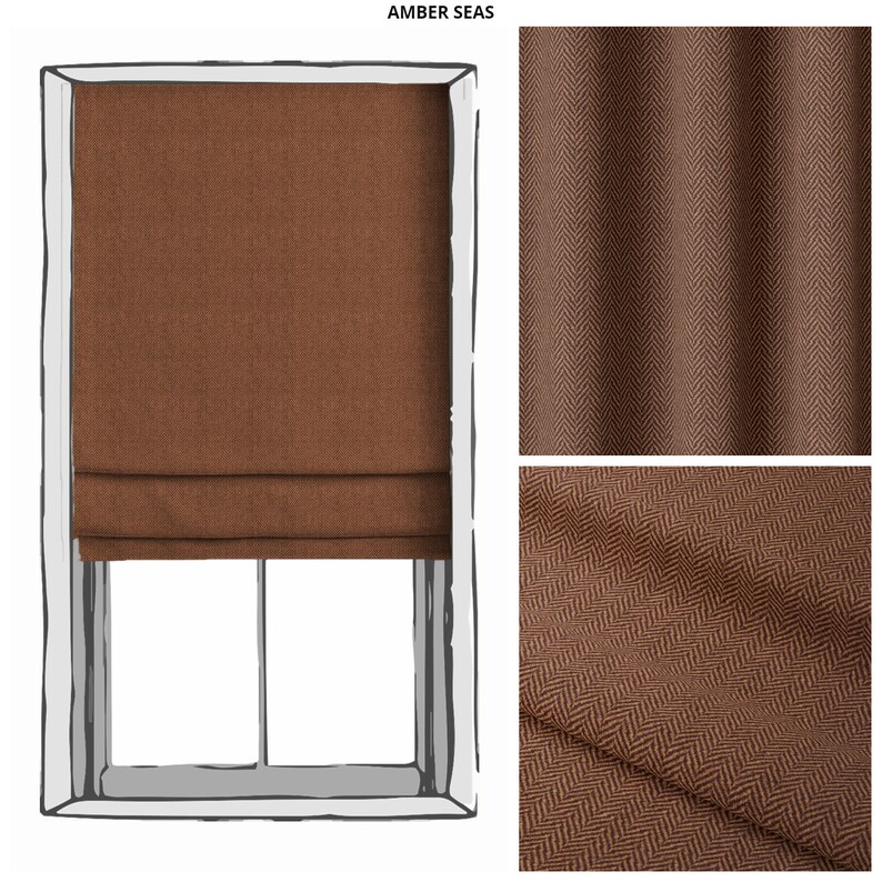 May include: A brown roman shade with a herringbone pattern. The shade is shown in a window with a white frame. The fabric is shown in two close-up images, one with the shade pulled up and one with the fabric folded.
